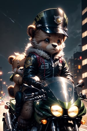 Masterpiece, top quality, 4k, 8k, a cute brown teddy bear, wearing a fluorescent yellow zippered long-sleeved thin police uniform on the upper body, black pants on the lower body, a white police cap on the head, holding a direction controller, Riding a Kawasaki motorcycle with light scene and city in the background