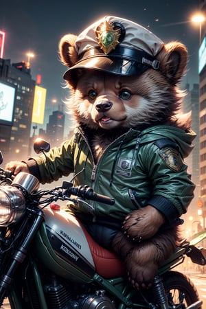 Masterpiece, top quality, 4k, 8k, a cute brown bear, wearing a bright green zipper cycling jersey, black pants, a white police hat, holding a direction controller, riding a Kawasaki motorcycle, with a light scene in the background, City