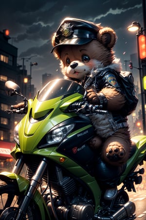 Masterpiece, best, 4k, 8k, a cute brown teddy bear, wearing black pants, a white police hat, a fluorescent green zippered long-sleeved cycling suit, holding a direction controller, riding a Kawasaki motorcycle Car, light scene, city in the background