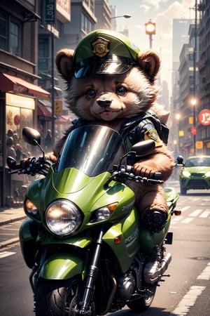 Masterpiece, top quality, 4k, 8k, a cute little brown bear, wearing a fluorescent yellow zippered traffic police riding uniform, black pants, a white police cap, holding a direction controller, riding a Kawasaki motorcycle, with lights in the background scene, city