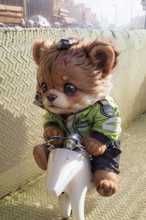 Masterpiece, top quality, 4k, 8k, a cute brown teddy bear, wearing a fluorescent green zippered long-sleeved thin police uniform on the upper body, black pants on the lower body, a white police cap on the head, holding a direction controller, Riding an Augusta motorcycle with the bridge in the background and the city at sunset