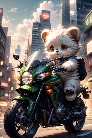 Masterpiece, top quality, 4k, 8k, 1 teddy bear with round eyes, wearing light green police uniform and white police hat, holding direction controller, riding Kawasaki motorcycle, with light scene in the background, city