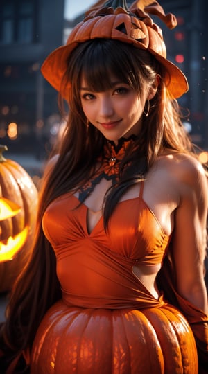 Prompt: (Masterpiece, best quality, photorealistic, high resolution, 8K raw photo, Light), 1 girl, solo, young girl, smile, looking at viewer, (upper body:1.6), (long hair, black hair, bangs:1.3), Witch hat, cloak, black underwear, shiny leather underwear, outdoor, night, (pumpkin, pumpkin lantern:1.3), shop background