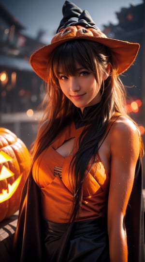 Prompt: (Masterpiece, best quality, photorealistic, high resolution, 8K raw photo, Light), 1 girl, solo, young girl, smile, looking at viewer, (upper body:1.6), (long hair, black hair, bangs:1.3), Witch hat, cloak, black underwear, shiny leather underwear, outdoor, night, (pumpkin, pumpkin lantern:1.3), shop background