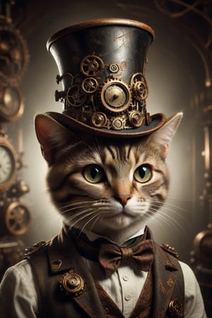 Create an image of a steampunk-inspired anthropomorphic cat character wearing a top hat adorned with gears and mechanical details. The character should have intricate mechanical body parts that suggest a fusion between organic life and machinery, set against an intentionally blurred background that hints at more steampunk elements without drawing attention away from the character itself.
