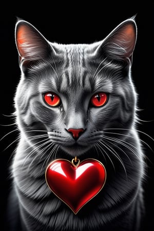 A captivating illustration of a graceful feline cat, adorned with a delicate red heart pendant, symbolizing love and beauty. The cat's eyes are filled with mystery, and its fur is a magnificent blend of blacks and grays. The black background emphasizes the elegance of the feline, while the red heart adds a touch of warmth and emotion. The overall illustration exudes a sense of grace and beauty that is both mesmerizing and enchanting., illustration