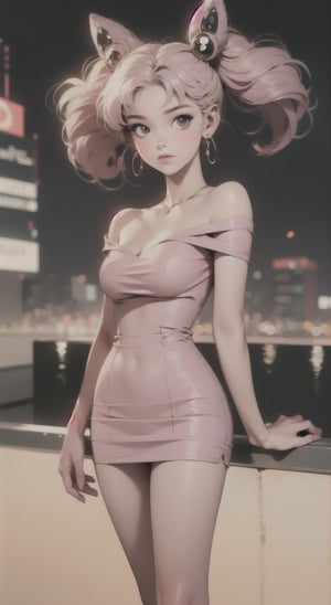 1girl, solo, breasts, dress, cleavage, closed mouth, earrings, sleeveless,
lips, casual dress, armlet, club dress, retro artstyle, city background, portrait, yofukashi background, short skirt, night city, whole body, legs, blurry_light_background,
bzsohee, rooftop, standing, off-shoulder,
dress, small breast, pink hair,
twin tails, sailor moon chibi