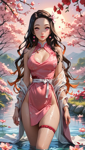 score_9, score_8_up, score_7_up,  ultra detailed, 1girl, blue cheongsam, off shoulder, solo, heart, curvy, solo, sultry look, romantic sunset, surrounded by red flowers in a flower meadow, walling in a river, wet, cherry blossom, moonlight, thigh strap, dynamic pose, Expressiveh, Kamado Nezuko /(Kimetsu no Yaiba)/, pink eyes, black hair, brown hair, two-tone hair, forehead