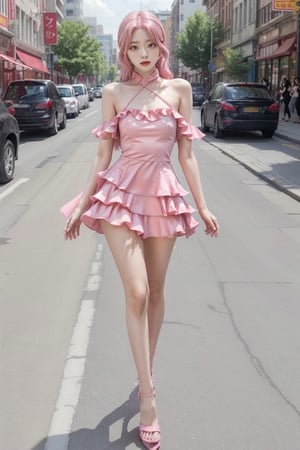 (8K,masterpiece, best quality),1girl,   
pink hair, pink eyes, eyeliner, eye shadow, makeup, 
slim_waist,
Dress ,looking at the viewer,
party,more detail XL, full_body, light pink heels, itzy yuna, yuna,
dress, 1girl, frills, layered, daylithgt, city street, 

slim legs, ideal feminine body, sexy, edgSDress, dynamic view, standing,best quality