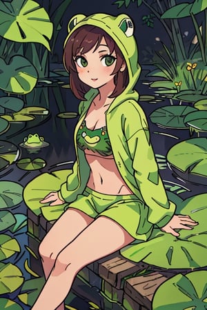 masterpiece,best quality,official art,highly detailed,Depth of field,vivid color,perfect lighting,1 girl in frog hoodie,sitting on lilypad,nature,pond,small leaf,sexy,navel,huge breasts,under boob,bear foot