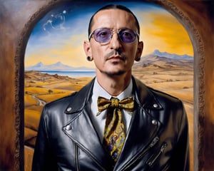 ch3st3r, surrealism painting, rockstar man portrait, wearing perfecto leather jacket, round iris, by Salvador Dali