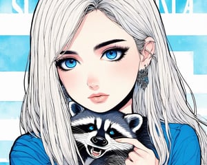 Illustration, macroshot, of a woman with great beauty hugging a beautiful raccoon, striking look, blue bright eyes, very realistic skin, straight hair, jumpsuit, emo, front view,none