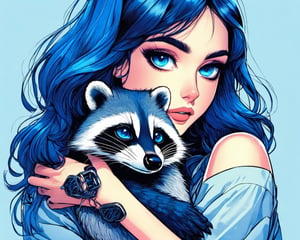 Illustration, macroshot, of a woman with great beauty hugging a beautiful raccoon, striking look, blue bright eyes, very realistic skin, straight hair, jumpsuit, emo, front view