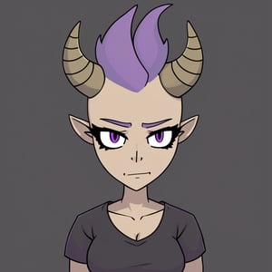 t5ua, a girl with an purple mohawk, steampunk shirt, thick eyebrows, animal large horns, solid black background