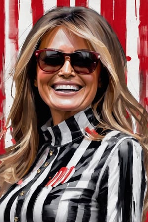 a portrait of Melania Trump laughing, wearing sunglasses and jail costume, using bold brush strokes, red, white and black, dazr3pl1ca,dazr3pl1ca
