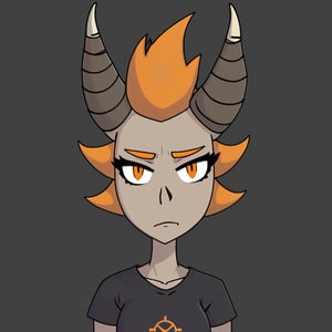 t5ua, a girl with an orange mohawk, steampunk shirt, thick eyebrows, animal horns, solid black background