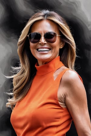 a portrait of Melania Trump laughing, wearing sunglasses orange jumpsuit, using bold brush strokes, red, white and black, dazr3pl1ca,dazr3pl1ca