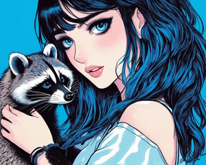 Illustration, macroshot, of a woman with great beauty hugging a beautiful raccoon, striking look, blue bright eyes, very realistic skin, straight hair, jumpsuit, emo, front view,none