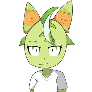 tsua5tyl3, a creature with orange carrot face, carrot shape, lime green shirt, animal ears, choker, thick eyebrows, sharp, solid white background