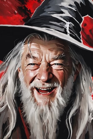 a portrait of Gandalf laughing evil and sinister,  using bold brush strokes, red, white and black, dazr3pl1ca