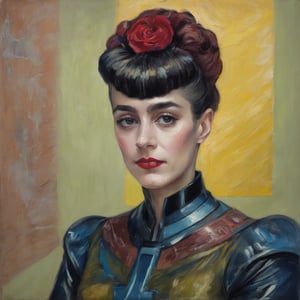 v0ng44g, p14nt1ng, heavy brush strokes, swirl pattern, oil painting, Maria Sean Young, a woman with cyberpunk outfit, red lipstick, slightly smilling, sat on a futuristic iron throne, by Van Gogh,v0ng44g