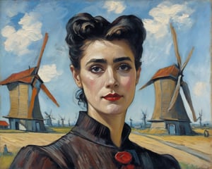 v0ng44g, p14nt1ng, heavy brush strokes, swirl pattern, oil painting, Maria Sean Young, a woman with cyberpunk outfit, red lipstick, slightly smilling, walking among futuristic wind mills, wind mills on the background, magificent skies, by Van Gogh,v0ng44g