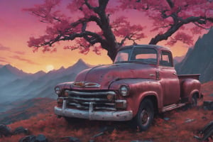 low angle shot of tree growing inside scrap 1950s chevrolet pickup truck in the foreground. overgrown. soft golden red sunset over the mountains in the background. clouds. detailed leaves. cinematic, beautiful, cgsociety, artstation, oil painting by greg rutkowski, by artgerm, by wlop, the style of 1 9 9 0's cg graphics against the cloudy night sky, lsd dream emulator psx, 3 d rendered y 2 k aesthetic by ichiro tanida, 3 do magazine, wide shot, nirvana zion dream effects