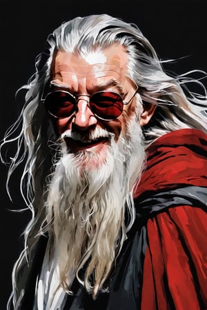 a portrait of Gandalf laughing evil and sinister, wearing sunglasses, using bold brush strokes, red, white and black, dazr3pl1ca,dazr3pl1ca