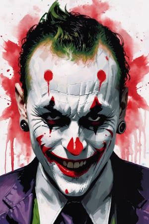 a portrait of a Joker ch3st3r laughing evil and sinister,  using bold brush strokes, red, white and black, ch3st3r