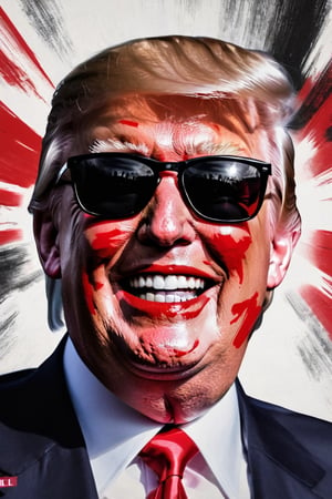 a portrait of Donald Trump laughing evil and sinister, wearing sunglasses, using bold brush strokes, red, white and black, dazr3pl1ca