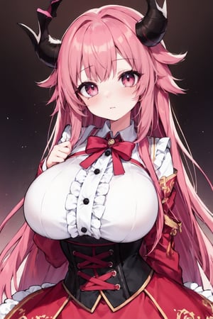 1girl, solo, (face, close-up, eye focus:0.3), eyelashes, eyeliner, head tilt,perspective, blush, dutch angle, minigirl, petite, dragon_girl, horns, lace, corset, underbust, (huge breasts:1),long straight hair, pink hair, frilled dress, petite, minigirl, (wide hips, curvy, plump:0.35), slender, sweat, slit pupils, tight clothes, impossible clothes, (dirndl:0.7), white shirt, button, gown, princess, frills, (nipples:0.6)