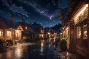 Photo of a calm village without any life, lots of lush trees and dense bushes, village, countryside, wooden houses, no human, scenery, natural views, photo in midnight, amazing sky, sparkling stars, beautiful night sky, moon, comets, HDR, film grain, (after rain), mirrorless, Nikon Z8, Nikon Z lens, (outdoor), (), (), (vignette effect), (), (), (dark moody), (night atmosphere), (hyperrealism:1.5), (masterpiece:1.0), extremely-ultra-hd, hyperrealistic style, texture, realistic photo, 8k, raw photo, realistic texture, extremely realistic, 50mm f2, professional photography, realistic photograph, (night), (realistic texture), (playful shadow), silhouettes, (), (soft lighting), (aesthetic:1.5), (intricate detailed), (professional photographer), (photorealistic), ultra wide, 