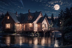 Photo of a calm village without any life,  lots of lush trees and dense bushes,  village,  countryside,  wooden houses, no human,  scenery,  natural views,  photo in midnight,  amazing sky,  sparkling stars,  beautiful night sky,  moon,  comets,  HDR,  film grain,  (),  mirrorless,  Nikon Z8,  Nikon Z lens,  (outdoor),  (),  (),  (vignette effect),  (),  (),  (dark moody),  (night atmosphere),  (hyperrealism:1.5),  (masterpiece:1.0),  extremely-ultra-hd,  hyperrealistic style,  texture,  realistic photo,  8k,  raw photo,  realistic texture,  extremely realistic,  50mm f2,  professional photography,  realistic photograph,  (night),  (realistic texture),  (playful shadow),  silhouettes,  (),  (soft lighting),  (aesthetic:1.5),  (intricate detailed),  (professional photographer),  (photorealistic),  ultra wide, fantasy theme,  full moon