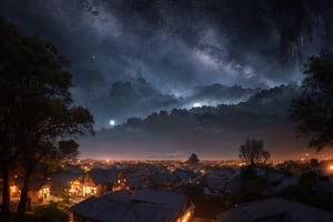 Photo of a calm village without any life, lots of lush trees and dense bushes, village, countryside, wooden houses, no human, scenery, natural views, photo in midnight, amazing sky, sparkling stars, beautiful night sky, moon, comets, HDR, film grain, (after rain), mirrorless, Nikon Z8, Nikon Z lens, (outdoor), (), (), (vignette effect), (), (), (dark moody), (night atmosphere), (hyperrealism:1.5), (masterpiece:1.0), extremely-ultra-hd, hyperrealistic style, texture, realistic photo, 8k, raw photo, realistic texture, extremely realistic, 50mm f2, professional photography, realistic photograph, (night), (realistic texture), (playful shadow), silhouettes, (), (soft lighting), (aesthetic:1.5), (intricate detailed), (professional photographer), (photorealistic), ultra wide, 