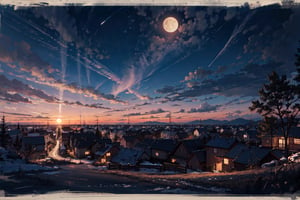 Photo of a calm village without any life, lots of lush trees and dense bushes, village, countryside, wooden houses, no human, scenery, natural views, photo in midnight, amazing sky, sparkling stars, beautiful night sky, moon, comets, HDR, film grain, (), mirrorless, Nikon Z8, Nikon Z lens, (outdoor), (), (), (vignette effect), (), (), (dark moody), (night atmosphere), (hyperrealism:1.5), (masterpiece:1.0), extremely-ultra-hd, hyperrealistic style, texture, realistic photo, 8k, raw photo, realistic texture, extremely realistic, 50mm f2, professional photography, realistic photograph, (night), (realistic texture), (playful shadow), silhouettes, (), (soft lighting), (aesthetic:1.5), (intricate detailed), (professional photographer), (photorealistic), ultra wide,fantasy theme, 