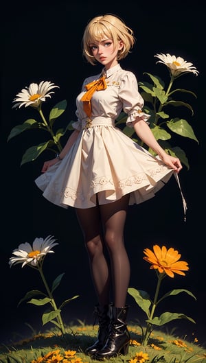 (masterpiece, top quality, best quality, official art, beautiful and aesthetic:1.2), 1girl, flower, solo, petals, breasts, short_hair, blonde_hair, medium_breasts, yellow_flower, dress, flower_field, parted_lips, looking_at_viewer, field, white_flower, orange_theme, upper_body, dark simple background, looking at viewer, blonde,
pantyhose, boots, full_body