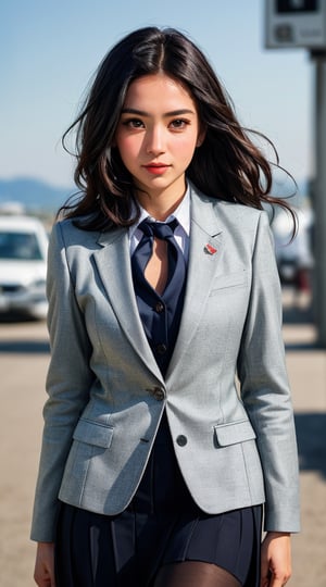 ((((ntelligent woman in her 30s, wearing a stylish business suit and looking directly at the camera. She has a determined expression on her face, and her eyes are filled with ambition. The background is blurred, creating a sense of focus on the woman's face)))), bokeh, (((contrast 0.8))), (((super stylish))), smiling, ((((medium_breasts)))), (((tan skin))),  (((full length portraits))), A_beautiful_American_young_woman, slight_grin, random_facial_expressions, (((Correct_facial_features))), perfect_face, Flirting,12K, African, Asia, India, Caucasian, ((perfect_face)), slick_hair, enameled, soft_studio_lighting, dynamic_pose's, (((hyper_detailed_face))), (((perfect_eye, perfect_fingers))), backlighting, colorful, cinematic_film_still. beautiful_lighting, best_quality, realistic, full_length_portrait, real_image, intricate_details, 1_Italian woman, beautifully_tanned_olive skin, highly_detailed, captivating_facial_features, tall, anatomically_correct, Fujifilm_XT3, outdoors, atmospheric_glow, RAW photo, 8k uhd, film grain, 6000, female, Movie Still, photo r3al, Film Still, Cinematic, Cinematic Shot, female focus, Italian female, AngelicStyle, Cinematic Lighting, Germany female, France female, European Country would you Like, ,High detailed ,Color magic,Saturated colors,FFIXBG,chubby,Color saturation ,SAM YANG,1 girl,perfecteyes,yuzu,renaissance,blurry_light_background, skirt, necktie, pantyhose, full_body