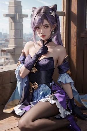 (masterpiece:1.2),best quality,cinematic lighting, Hyperrealism,photography, ultra highres, photorealistic, 8k, photos,hyperrealism, studio lighting, photography,
keqing (piercing thunderbolt) (genshin impact), keqing (genshin impact), pantyhose, hair bun, purple hair, gloves, twintails, long hair, purple eyes, diamond-shaped pupils, bare shoulders, hair ornament, black pantyhose, cone hair bun, detached sleeves,dress, jewelry, medium breasts, earrings, bangs, frills, purple dress, black gloves, braid, skirt, full_body, purple boots