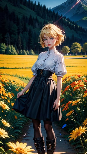 (masterpiece, top quality, best quality, official art, beautiful and aesthetic:1.2), 1girl, flower, solo, petals, breasts, short_hair, blonde_hair, medium_breasts, yellow_flower, dress, flower_field, parted_lips, looking_at_viewer, field, white_flower, orange_theme, upper_body, dark simple background, looking at viewer, blonde,
pantyhose, boots, full_body