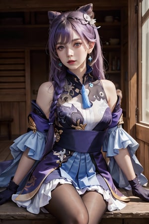 (masterpiece:1.2),best quality,cinematic lighting, Hyperrealism,photography, ultra highres, photorealistic, 8k, photos,hyperrealism, studio lighting, photography,
keqing (piercing thunderbolt) (genshin impact), keqing (genshin impact), pantyhose, hair bun, purple hair, gloves, twintails, long hair, purple eyes, diamond-shaped pupils, bare shoulders, hair ornament, black pantyhose, cone hair bun, detached sleeves,dress, jewelry, medium breasts, earrings, bangs, frills, purple dress, black gloves, braid, skirt,