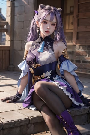 (masterpiece:1.2),best quality,cinematic lighting, Hyperrealism,photography, ultra highres, photorealistic, 8k, photos,hyperrealism, studio lighting, photography,
keqing (piercing thunderbolt) (genshin impact), keqing (genshin impact), pantyhose, hair bun, purple hair, gloves, twintails, long hair, purple eyes, diamond-shaped pupils, bare shoulders, hair ornament, black pantyhose, cone hair bun, detached sleeves,dress, jewelry, medium breasts, earrings, bangs, frills, purple dress, black gloves, braid, skirt, full_body, purple boots