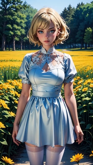 (masterpiece, top quality, best quality, official art, beautiful and aesthetic:1.2), 1girl, flower, solo, petals, breasts, short_hair, blonde_hair, medium_breasts, yellow_flower, dress, flower_field, parted_lips, looking_at_viewer, field, white_flower, orange_theme, upper_body, dark simple background, looking at viewer, blonde,
white pantyhose, boots, full_body