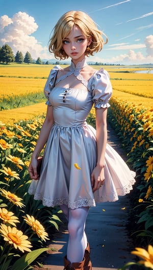 (masterpiece, top quality, best quality, official art, beautiful and aesthetic:1.2), 1girl, flower, solo, petals, breasts, short_hair, blonde_hair, medium_breasts, yellow_flower, dress, flower_field, parted_lips, looking_at_viewer, field, white_flower, orange_theme, upper_body, dark simple background, looking at viewer, blonde,
white pantyhose, boots, full_body