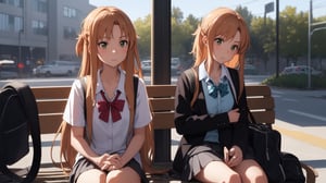 high_school_girl, SAM YANG, disheveled, aaasuna, perfect hands, , in a modern world, medium_breasts, school_uniforms, waiting fo bus, schoolbag, go to school