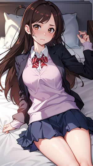 high_school_girl,SAM YANG, school_uniform,   shy face , lying on her back on a bed , and is looking directly at the viewer, The upper viewing angle,mizuhara_chizuru , disheveled