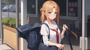 high_school_girl, SAM YANG, disheveled, aaasuna, perfect hands, , in a modern world, medium_breasts, school_uniforms, waiting fo bus, schoolbag, go to school