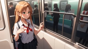 high_school_girl, SAM YANG, disheveled, aaasuna, perfect hands, , in a modern world, medium_breasts, school_uniforms, taking a Subway, schoolbag, go to school