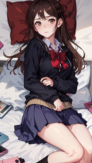 high_school_girl,SAM YANG, school_uniform,   shy face , lying on her back on a bed , and is looking directly at the viewer, The upper viewing angle,mizuhara_chizuru