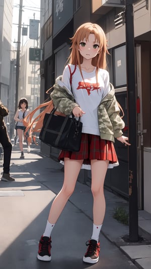 high_school_girl, SAM YANG, disheveled, aaasuna, perfect hands, wear Camouflage, in a modern city