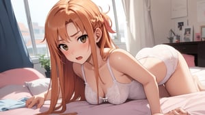 high_school_girl, SAM YANG, disheveled, aaasuna, perfect hands, , in a modern world, in her room, medium_breasts, changing cloth, underwear, shy, sexy